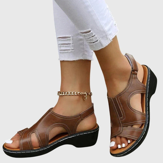 Comfortable Brown Leather Sandals for Women with Platform Ankle Strap Closed Toe Casual Style