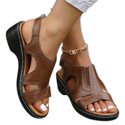Comfortable Brown Leather Sandals for Women with Platform Ankle Strap Closed Toe Casual Style