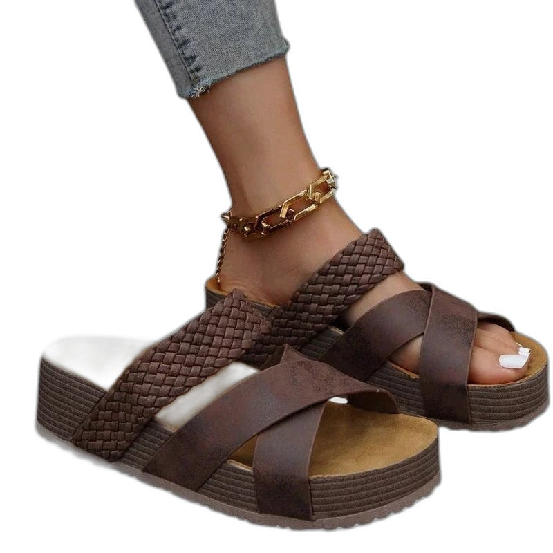 Comfortable Brown Leather Sandals for Women with Platform Open Toe Casual Style