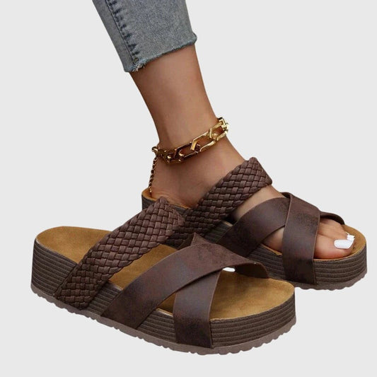 Comfortable Brown Leather Sandals for Women with Platform Open Toe Casual Style