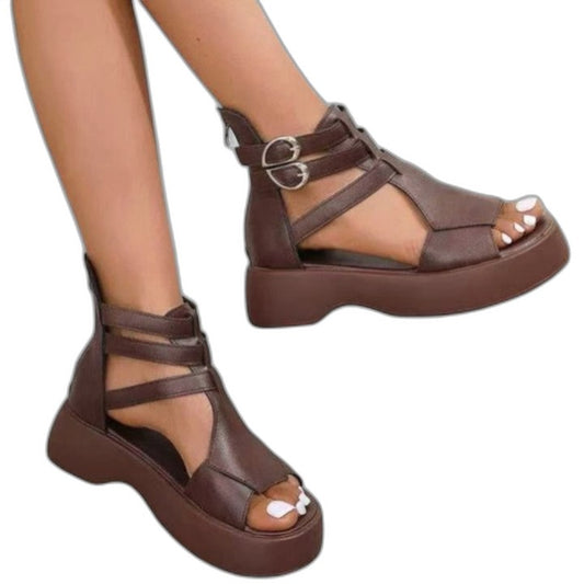 Comfortable Brown Leather Wedge Sandals for Women with Platform Ankle Strap Open Toe Buckle Casual Style