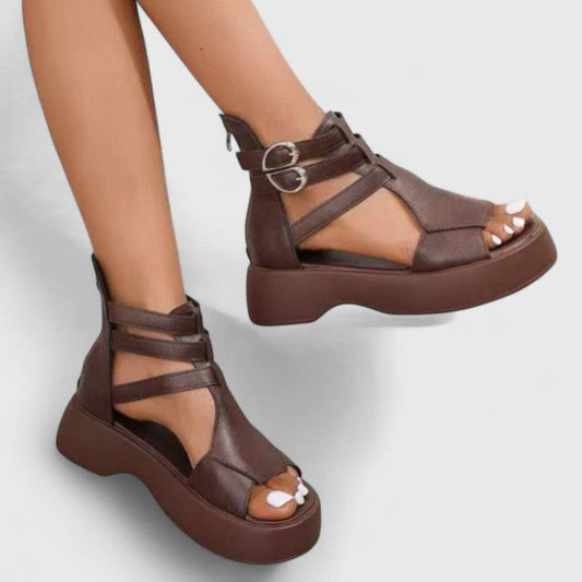 Comfortable Brown Leather Wedge Sandals for Women with Platform Ankle Strap Open Toe Buckle Casual Style