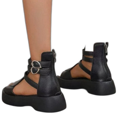 Comfortable Brown Leather Wedge Sandals for Women with Platform Ankle Strap Open Toe Buckle Casual Style