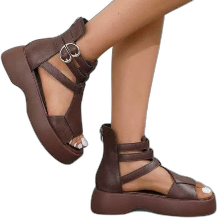 Comfortable Brown Leather Wedge Sandals for Women with Platform Ankle Strap Open Toe Buckle Casual Style