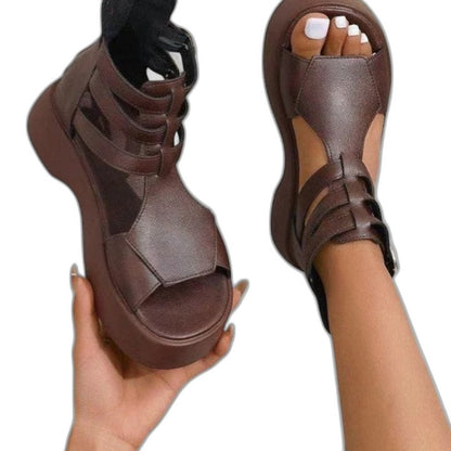 Comfortable Brown Leather Wedge Sandals for Women with Platform Ankle Strap Open Toe Buckle Casual Style