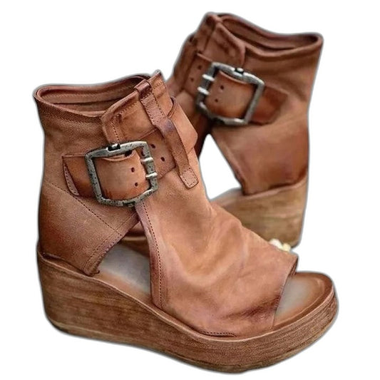 Comfortable Brown Leather Wedge Sandals for Women with Platform Open Toe Buckle Casual Style