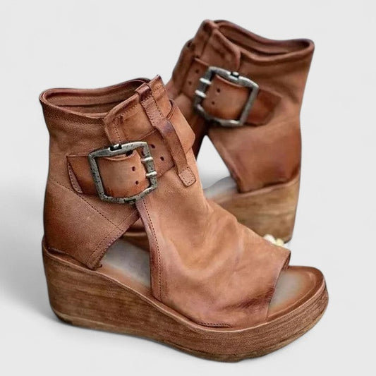 Comfortable Brown Leather Wedge Sandals for Women with Platform Open Toe Buckle Casual Style