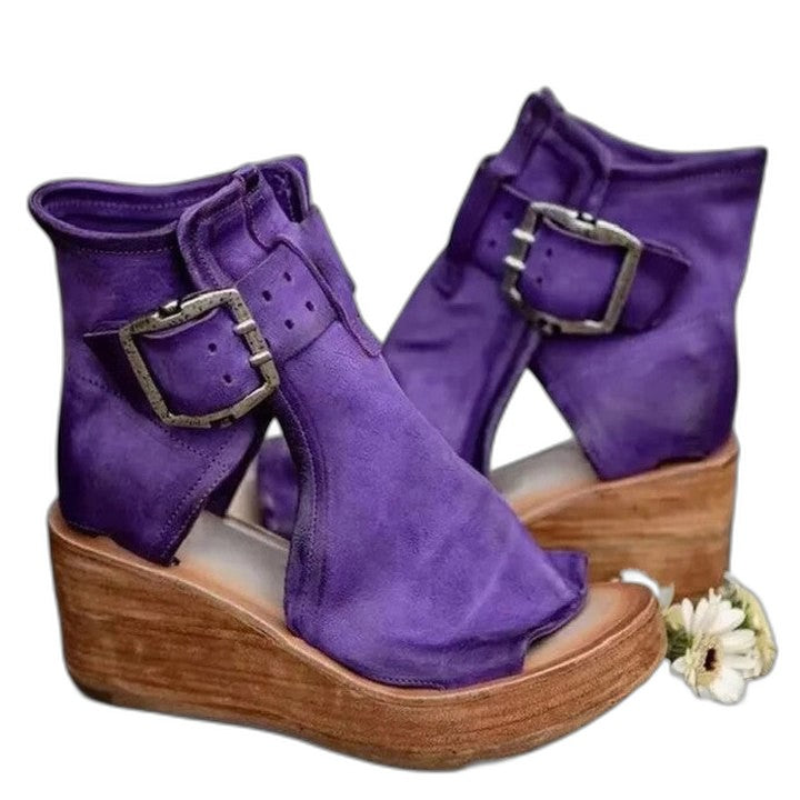 Comfortable Brown Leather Wedge Sandals for Women with Platform Open Toe Buckle Casual Style