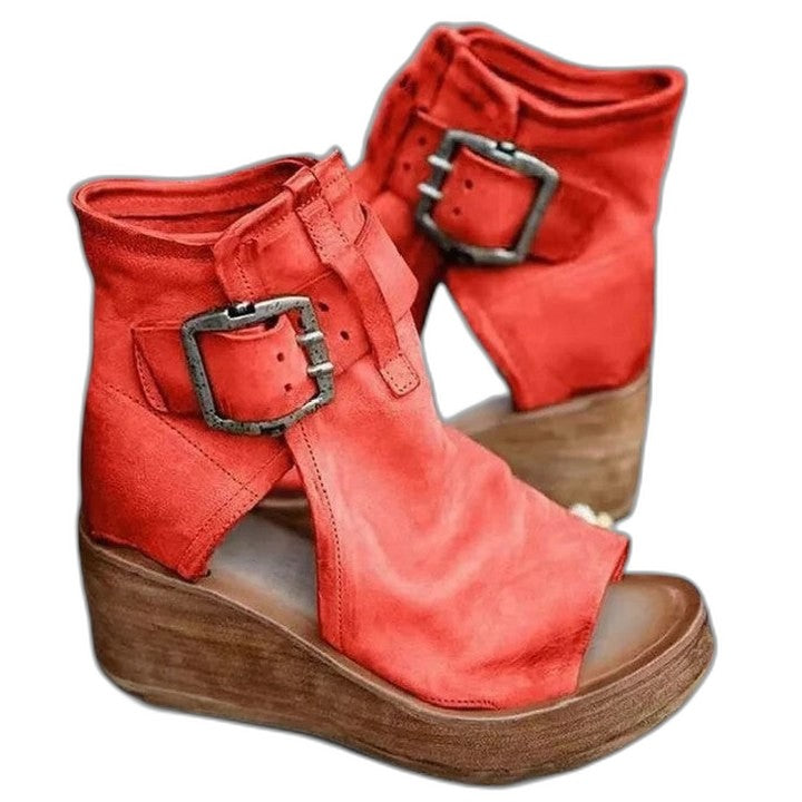 Comfortable Brown Leather Wedge Sandals for Women with Platform Open Toe Buckle Casual Style