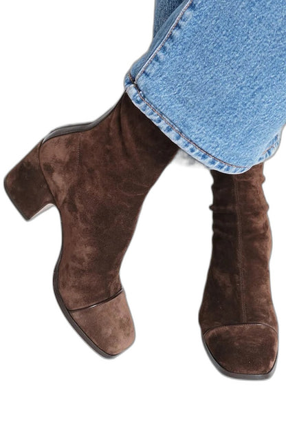 Comfortable Brown Suede Ankle Boots for Women with Block Heel Pointed Toe Casual Style
