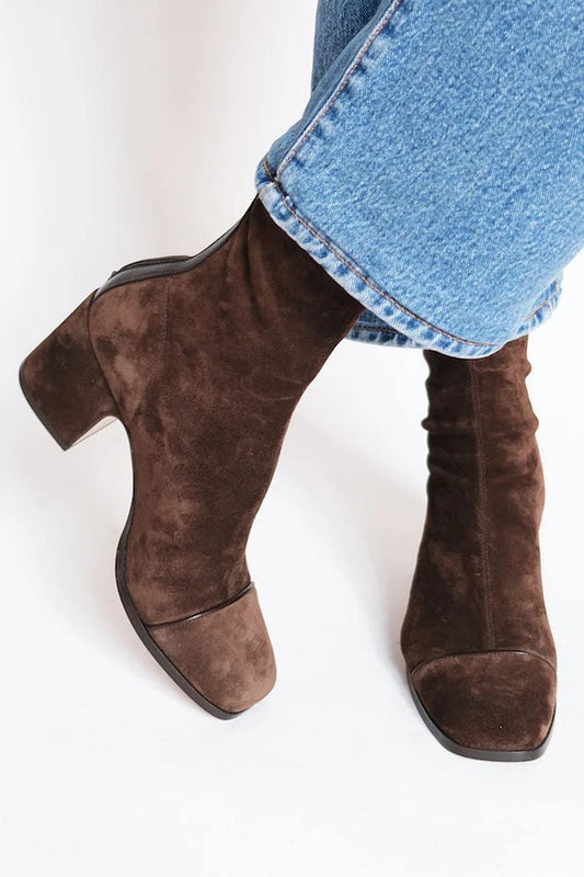 Comfortable Brown Suede Ankle Boots for Women with Block Heel Pointed Toe Casual Style