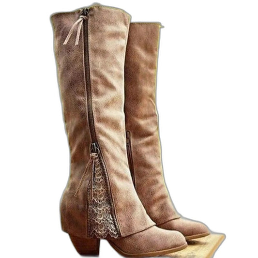 Comfortable Brown Suede Knee High Boots for Women with Block Heel Closed Toe Casual Style
