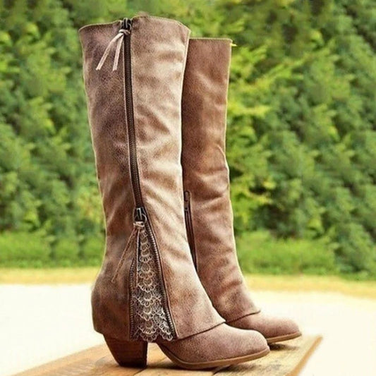 Comfortable Brown Suede Knee High Boots for Women with Block Heel Closed Toe Casual Style
