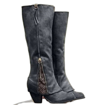Comfortable Brown Suede Knee High Boots for Women with Block Heel Closed Toe Casual Style