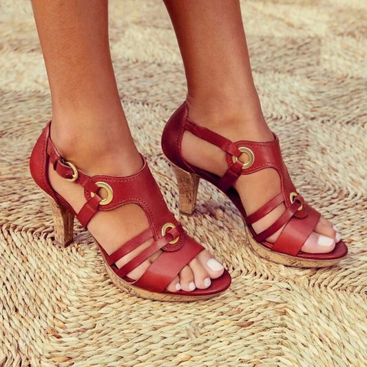 Comfortable Burgundy Leather Heels for Women with Block Heel Ankle Strap Open Toe Buckle Casual Style