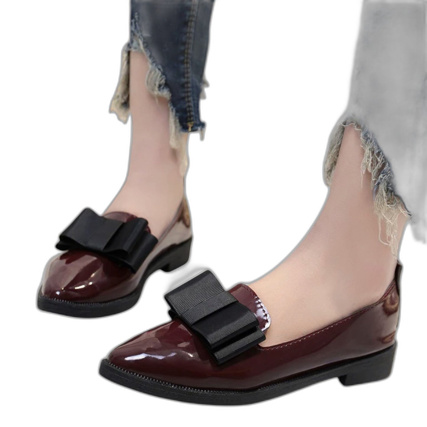 Comfortable Burgundy Leather Loafers for Women with Pointed Toe Buckle Office Style