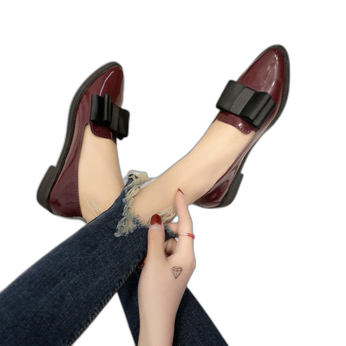 Comfortable Burgundy Leather Loafers for Women with Pointed Toe Buckle Office Style