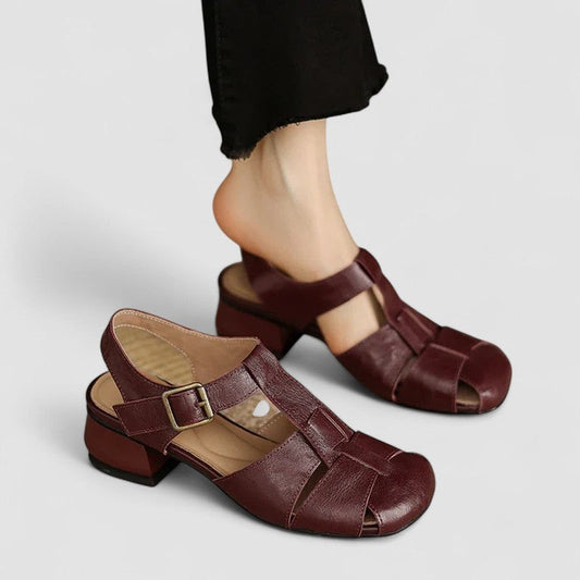 Comfortable Burgundy Leather Mary Jane Shoes for Women with Cutout Block Heel Closed Toe Buckle Casual Style