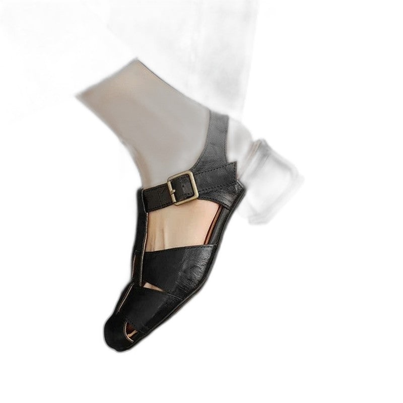 Comfortable Burgundy Leather Mary Jane Shoes for Women with Cutout Block Heel Closed Toe Buckle Casual Style