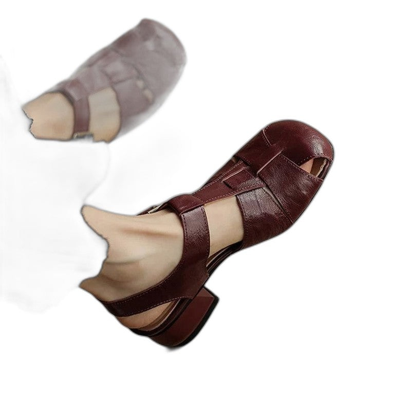 Comfortable Burgundy Leather Mary Jane Shoes for Women with Cutout Block Heel Closed Toe Buckle Casual Style
