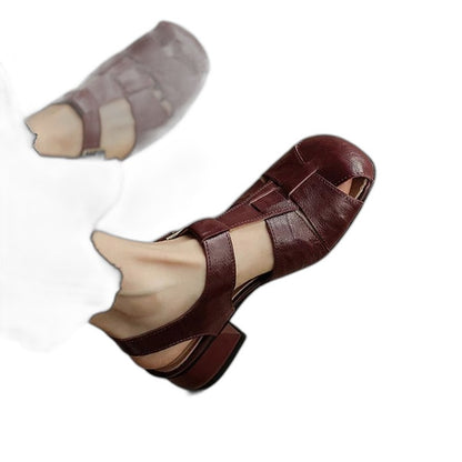 Comfortable Burgundy Leather Mary Jane Shoes for Women with Cutout Block Heel Closed Toe Buckle Casual Style