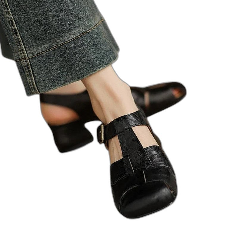 Comfortable Burgundy Leather Mary Jane Shoes for Women with Cutout Block Heel Closed Toe Buckle Casual Style