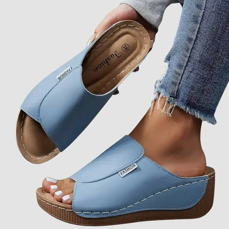 Comfortable Burgundy Leather Mules for Women with Platform Open Toe Casual Style