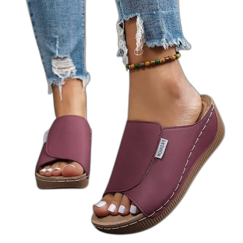 Comfortable Burgundy Mules for Women with Platform Open Toe Casual Style