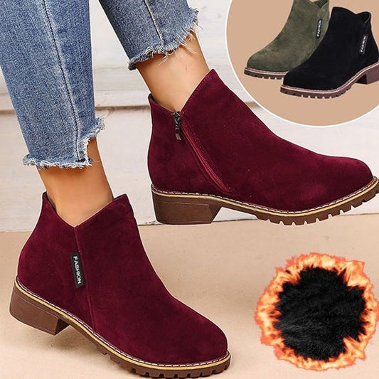 Comfortable Burgundy Suede Ankle Boots for Women with Block Heel Closed Toe Fur Lined Casual Style