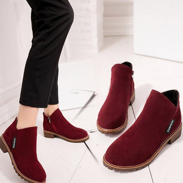 Comfortable Burgundy Suede Ankle Boots for Women with Block Heel Closed Toe Fur Lined Casual Style