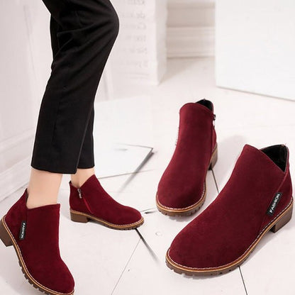 Comfortable Burgundy Suede Ankle Boots for Women with Block Heel Closed Toe Fur Lined Casual Style