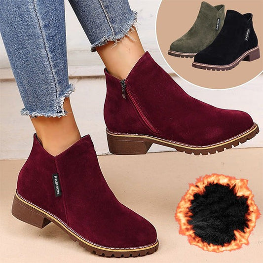 Comfortable Burgundy Suede Ankle Boots for Women with Block Heel Closed Toe Fur Lined Casual Style