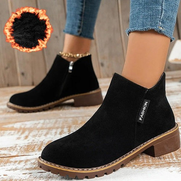 Comfortable Burgundy Suede Ankle Boots for Women with Block Heel Closed Toe Fur Lined Casual Style