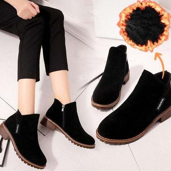 Comfortable Burgundy Suede Ankle Boots for Women with Block Heel Closed Toe Fur Lined Casual Style