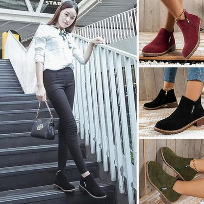 Comfortable Burgundy Suede Ankle Boots for Women with Block Heel Closed Toe Fur Lined Casual Style