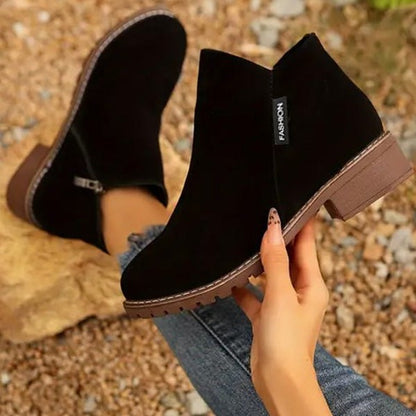 Comfortable Burgundy Suede Ankle Boots for Women with Block Heel Closed Toe Fur Lined Casual Style