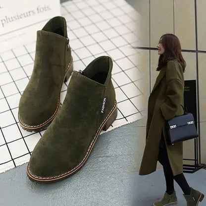 Comfortable Burgundy Suede Ankle Boots for Women with Block Heel Closed Toe Fur Lined Casual Style