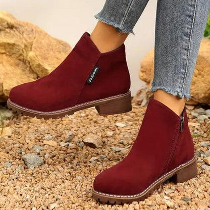 Comfortable Burgundy Suede Ankle Boots for Women with Block Heel Closed Toe Fur Lined Casual Style