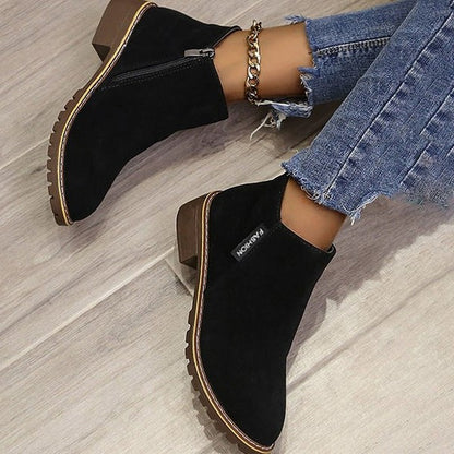 Comfortable Burgundy Suede Ankle Boots for Women with Block Heel Closed Toe Fur Lined Casual Style