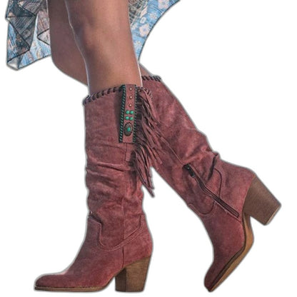 Comfortable Burgundy Suede Knee High Boots for Women with Block Heel Closed Toe Casual Style