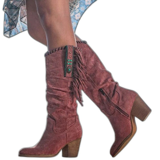 Comfortable Burgundy Suede Knee High Boots for Women with Block Heel Closed Toe Casual Style