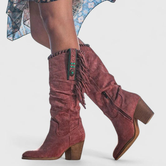 Comfortable Burgundy Suede Knee High Boots for Women with Block Heel Closed Toe Casual Style
