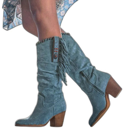 Comfortable Burgundy Suede Knee High Boots for Women with Block Heel Closed Toe Casual Style