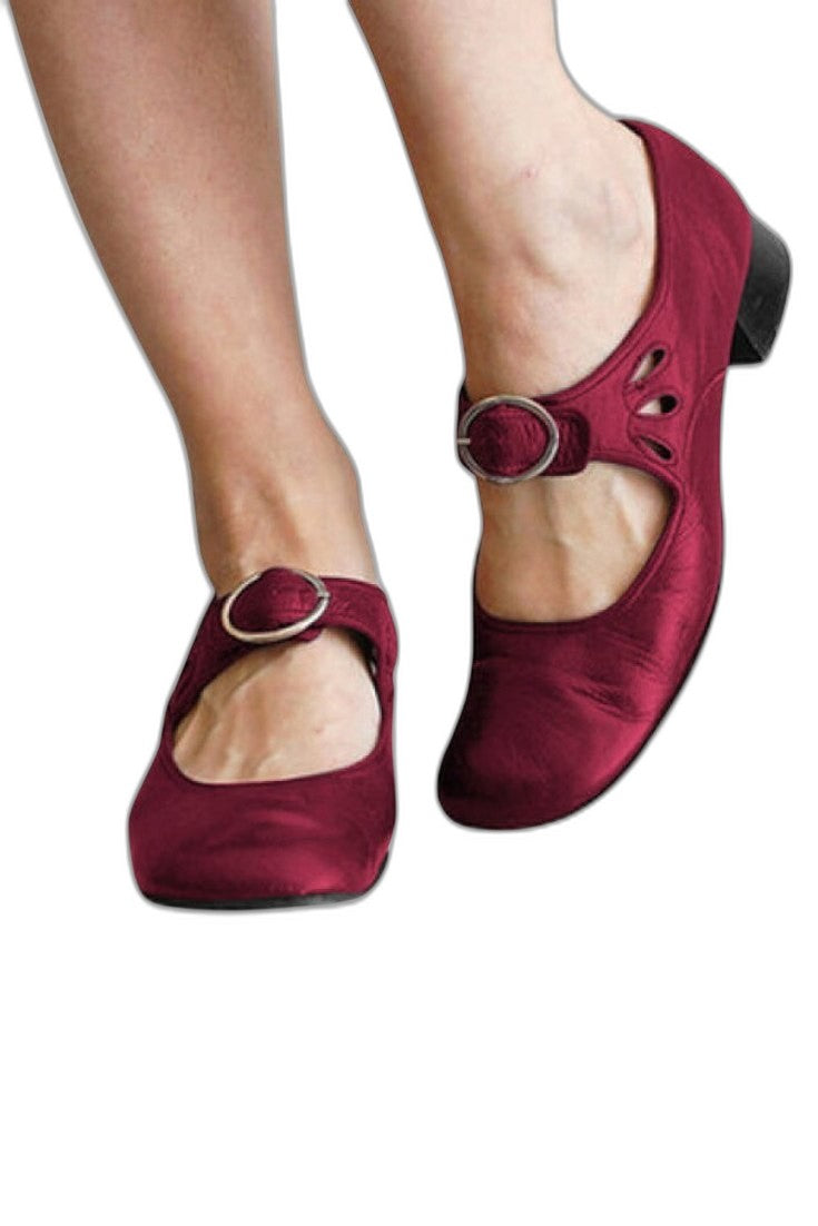 Comfortable Burgundy Velvet Mary Jane Shoes for Women with Block Heel Closed Toe Buckle Casual Style