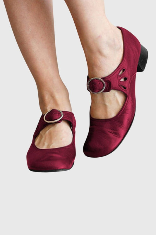 Comfortable Burgundy Velvet Mary Jane Shoes for Women with Block Heel Closed Toe Buckle Casual Style