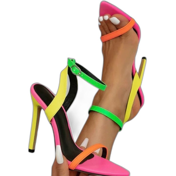 Comfortable Color Block Heels for Women with Ankle Strap Open Toe Party Style