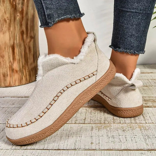 Comfortable Cream Ankle Boots for Women with Platform Closed Toe Fur Lined Casual Style