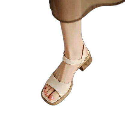Comfortable Cream Heels for Women with Block Heel Ankle Strap Open Toe Casual Style