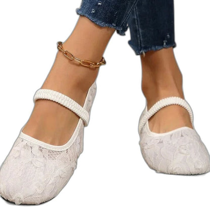 Comfortable Cream Lace Mary Jane Shoes for Women with Closed Toe Casual Style