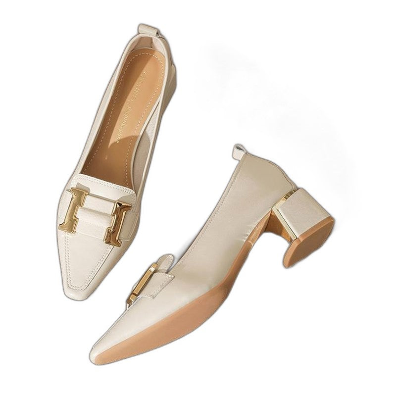 Comfortable Cream Leather Heels for Women with Block Heel Pointed Toe Buckle Office Style